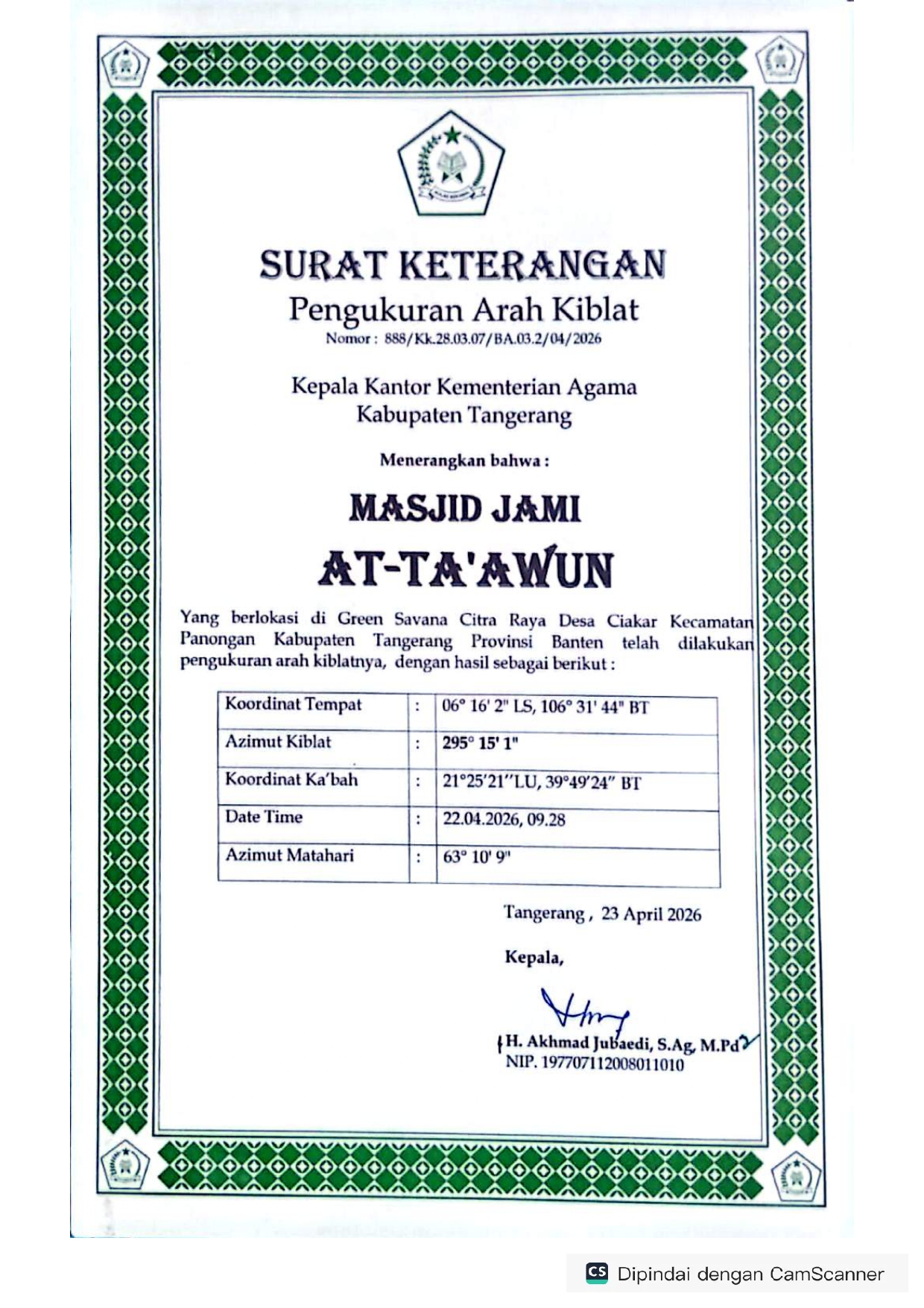 Kemenag Kabupaten Tangerang Resmi Terbitkan Hasil Pengukuran Arah Kiblat Masjid At-Ta'awun Green Savana Citra Raya
